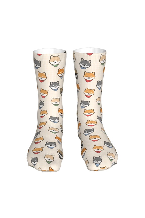 Shiba Head Face Print Fashion No Heel Casual Crew Socks Cushioned Breathable for Men Women - Moisture wicking,Not easy to fade Suitable for daily
