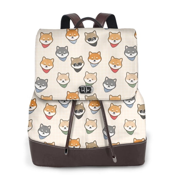 Xecao Shiba Head Face Print Large Backpack Soft Leather for Women Travel with Compartment, Adjustable Convertible Strap