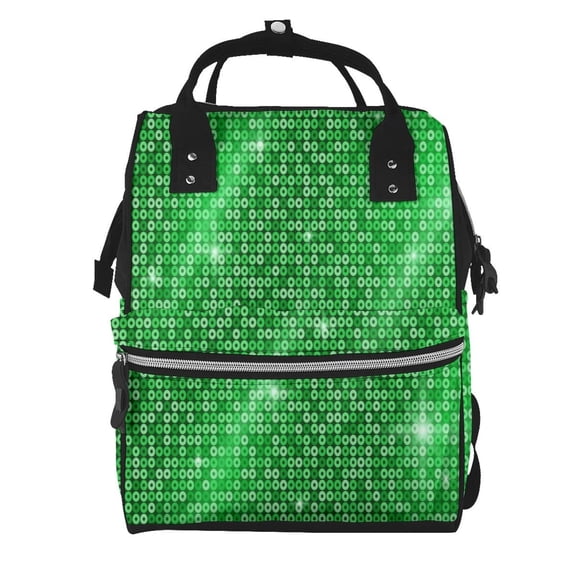 Xecao Shiny round green sequins Print Large Capacity Nappy Bag Is a Multi-Functional Waterproof Travel Backpack, Perfect as a Nursing Bag or Mummy Backpack for Women