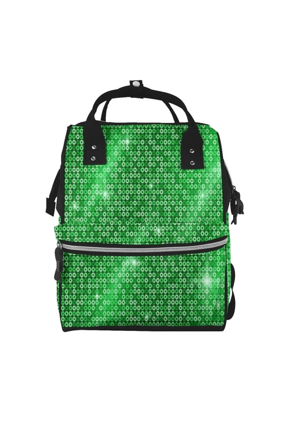 Shiny round green sequins Print Large Capacity Nappy Bag Is a Multi-Functional Waterproof Travel Backpack, Perfect as a Nursing Bag or Mummy Backpack for Women