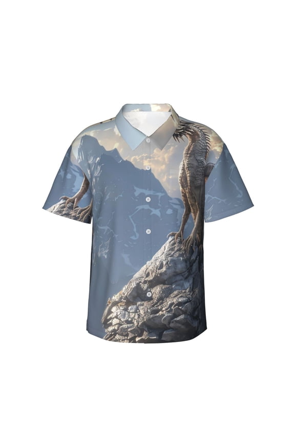Silver Dragon Mountain Peaks Print Hawaiian shirt - A Stylish Short-Sleeve Button-Down for Men, Perfect for Casual Beach and Tropical Outings.,Medium
