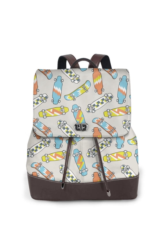 Skateboard Print Large Backpack Soft Leather for Women Travel with Compartment, Adjustable Convertible Strap