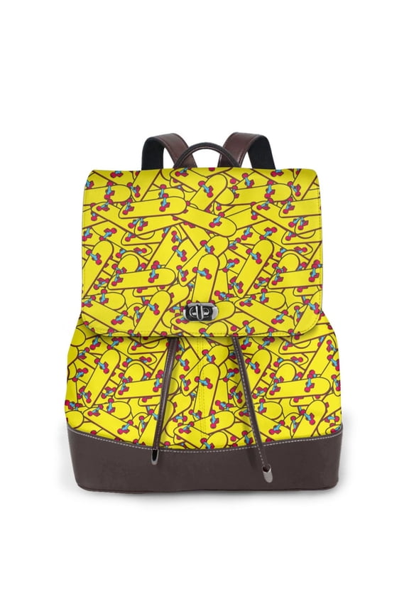 Skateboard Print Large Backpack Soft Leather for Women Travel with Compartment, Adjustable Convertible Strap