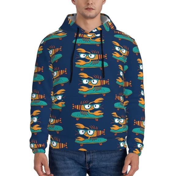 Xecao Skateboard Rides Cartoon Lobster Pattern Men's Adult Pullover Hoodie,Hooded Sweatshirt-3X-Large