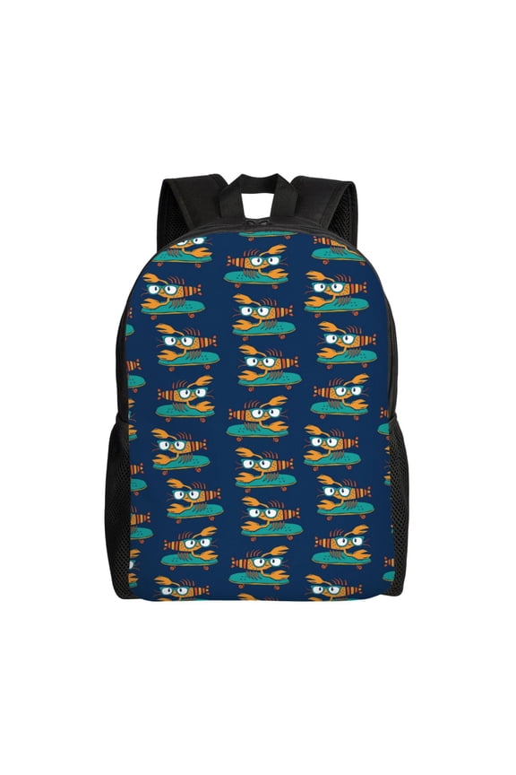 Skateboard Rides Cartoon Lobster Print School Backpack with Laptop Compartment Small Travel Laptop Backpack for Women Men Waterproof College Backpack Simple School Bag