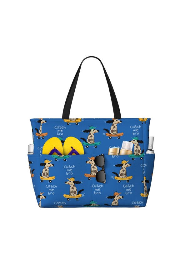 Skater Dog for versatile beach bag for women includes zipper pockets and waterproof material, ideal for vacations and adventures.