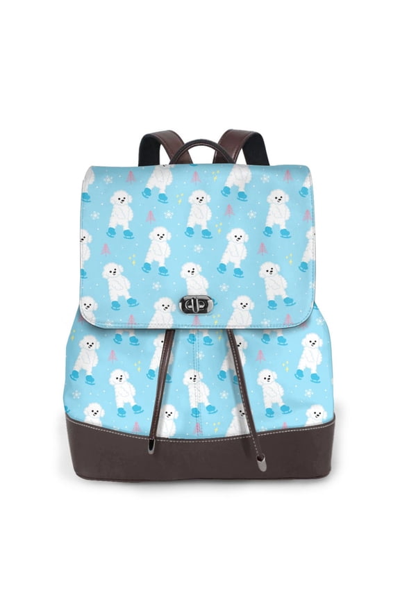 Skating Poodle Fun Print Large Backpack Soft Leather for Women Travel with Compartment, Adjustable Convertible Strap