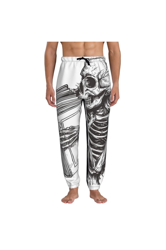 Skeleton Book Lover Print Active Tech Joggers for Men, Mens Sweatpants Lounge Pants with Pockets-Medium