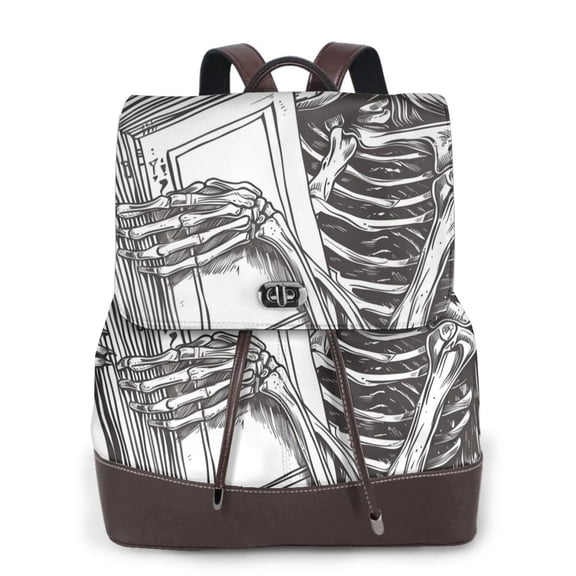 Xecao Skeleton Book Lover Print Large Backpack Soft Leather for Women Travel with Compartment, Adjustable Convertible Strap
