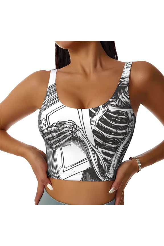 Skeleton Book Lover for Sports Bra with Removable Pads, Crop Tank Top Design, Women's Longline Sports Bra - Non-Wired-Medium