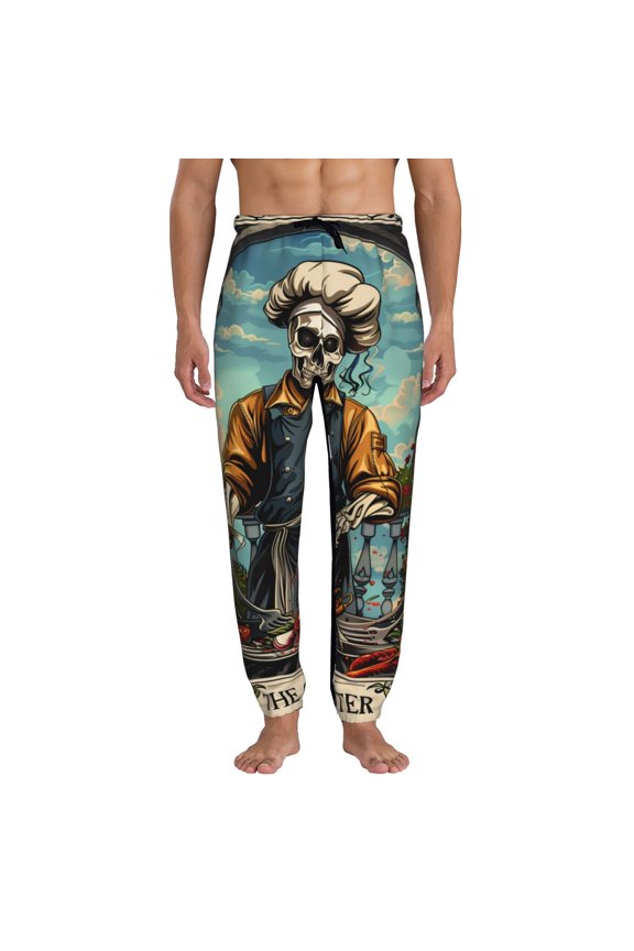 Skeleton Chef BBQ Scene Print Active Tech Joggers for Men, Mens Sweatpants Lounge Pants with Pockets-X-Large