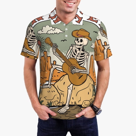 Xecao Skeleton Cowboy And Guitar Mens' Casual Short Sleeve Button-Down Polo Shirts for a Classic Golf Shirts-XX-Large