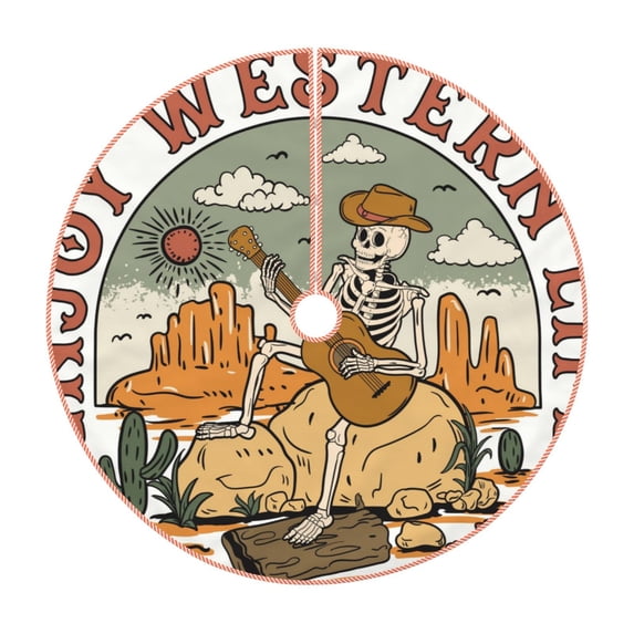 Xecao Skeleton Cowboy And Guitar Pattern Christmas Tree Skirt Round Xmas Tree Mat Base Cover for Holiday Home Decorations-36"