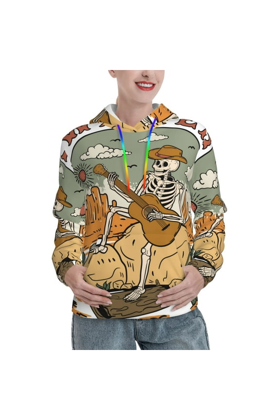 Skeleton Cowboy And Guitar Pattern Hoodies for Women Sweatshirts Long Sleeve Sweatshirts Pullover Outfits with Pocket-Large