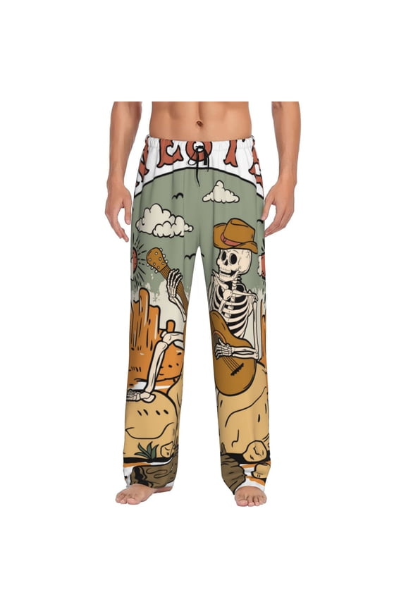 Skeleton Cowboy And Guitar Print Men's Straight Lounge Pajama Pants - The Ultimate in Comfortable Sleepwear-Large