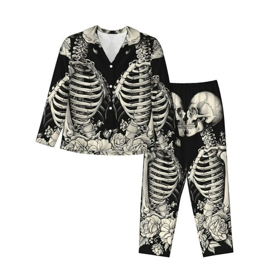 Xecao Skeletons Love Flowers Print Women Pajamas Set Soft Sleepwear Pjs long Sleeve Button Down Nightwear with Long Pants