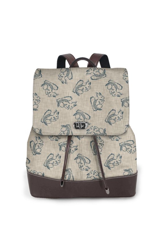 Sketch Squirrels Linen Print Large Backpack Soft Leather for Women Travel with Compartment, Adjustable Convertible Strap