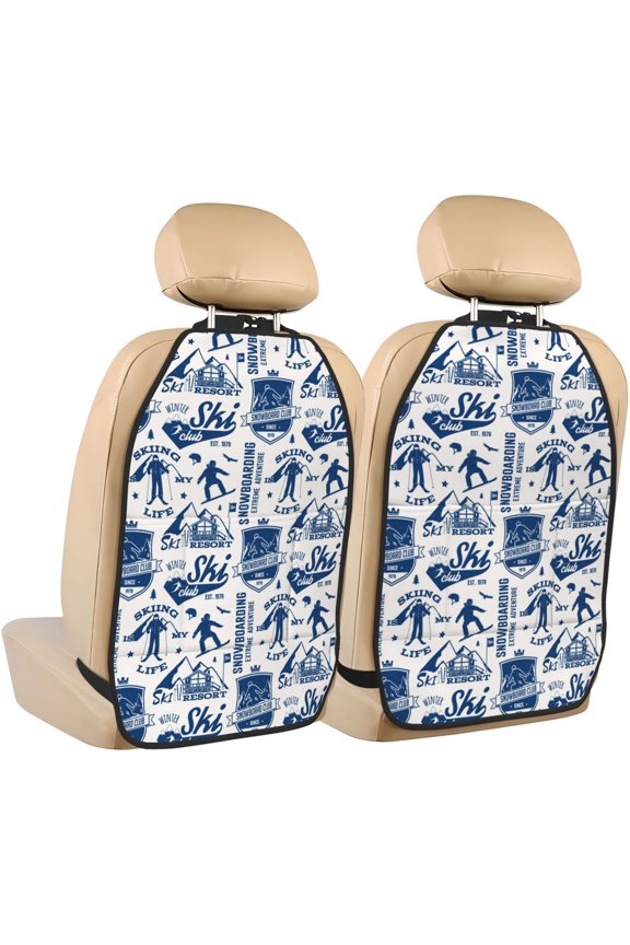 Skiing Enthusiast Pattern Car Seat Back Protector 2 Pack Large Capacity Pocket, Kick Mats Back Seat Protector