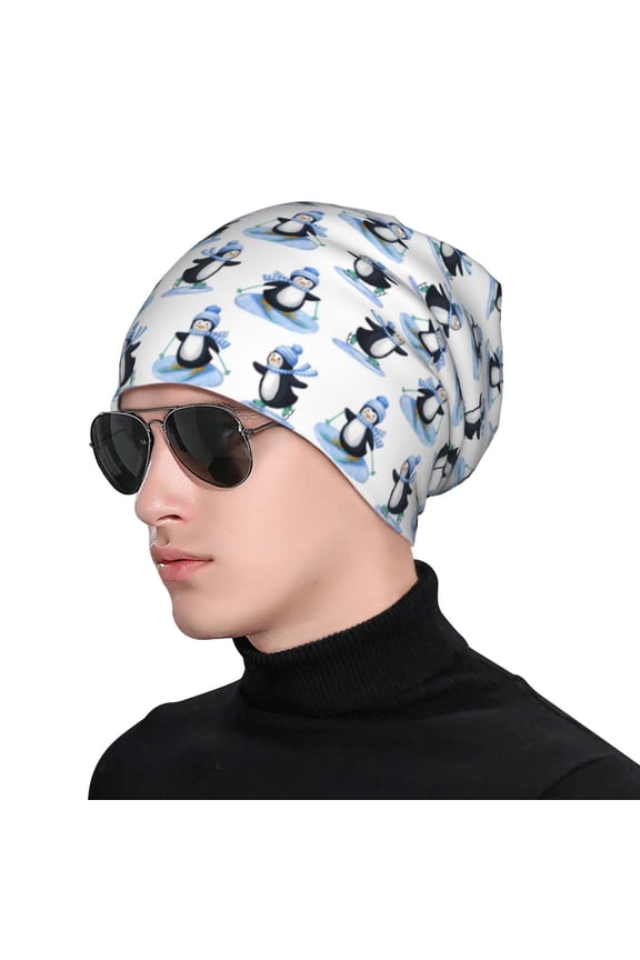 Skiing Penguin Funny Print Beanie Knitted Hat for Men Women, Winter Fashion Knit Cuffed Caps Unisex