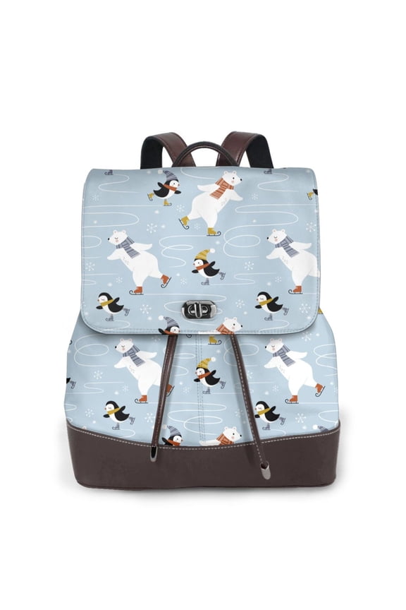 Skiing penguin Bear Print Large Backpack Soft Leather for Women Travel with Compartment, Adjustable Convertible Strap
