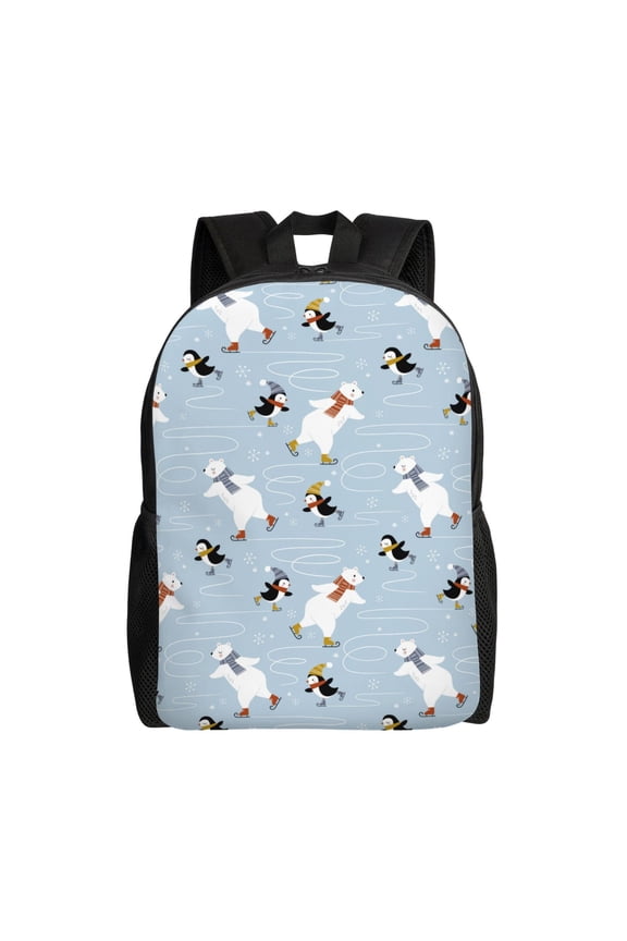 Skiing penguin Bear Print School Backpack with Laptop Compartment Small Travel Laptop Backpack for Women Men Waterproof College Backpack Simple School Bag