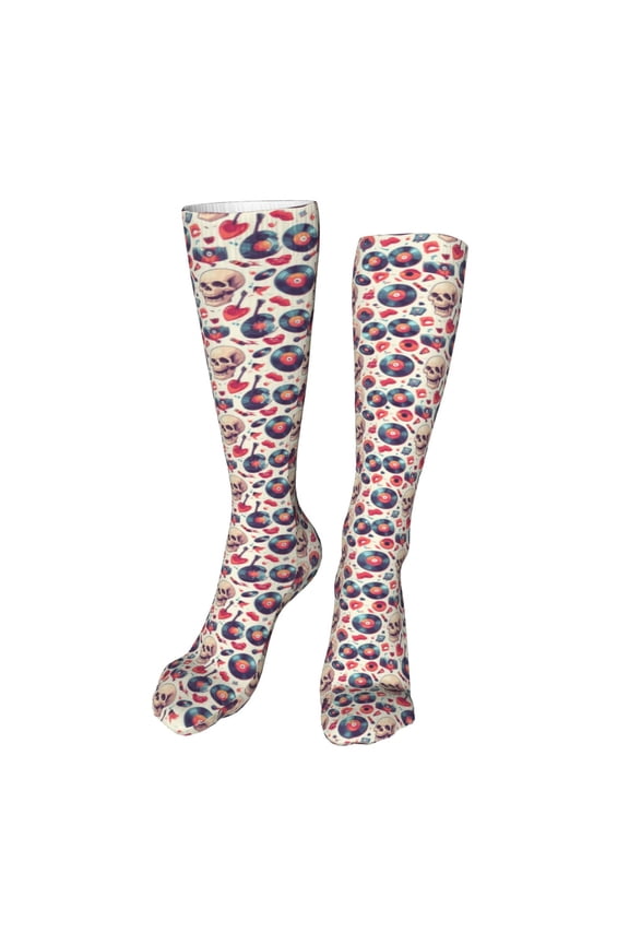 Skull Guitar record lips Print Calf Socks Seamless Toe, Knee High Long Socks, Sports Socks Trouser Socks for Women and Men-One Size