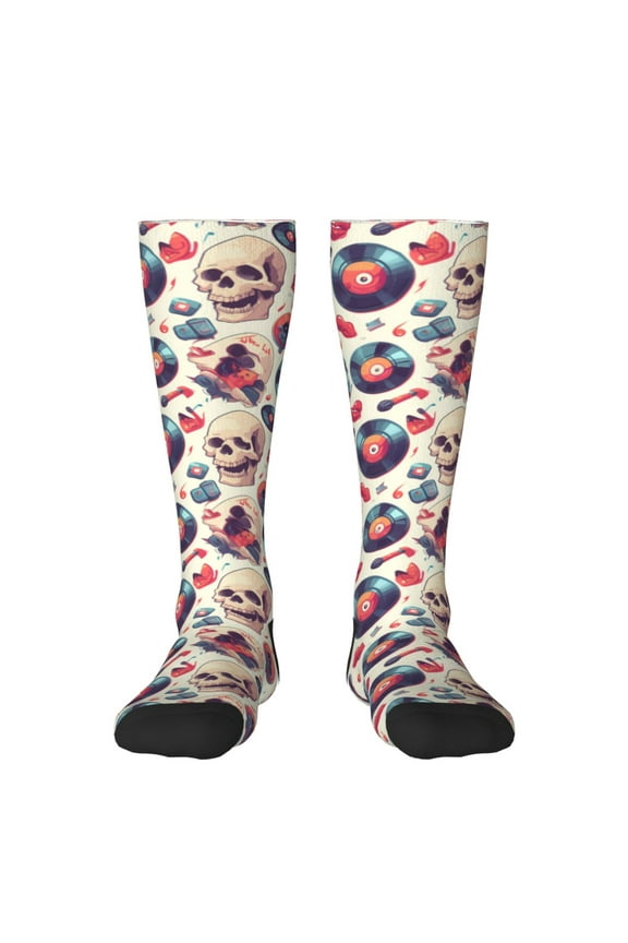 Skull Guitar record lips print thigh-high socks, crafted for both men and women with a stretchy, high-opaque design perfect for daily wear