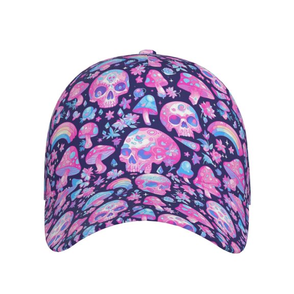 Xecao Skull Rainbow Mushroom for Baseball Cap: Unisex, crafted from classic polyester twill fabric, featuring a soft unconstructed design