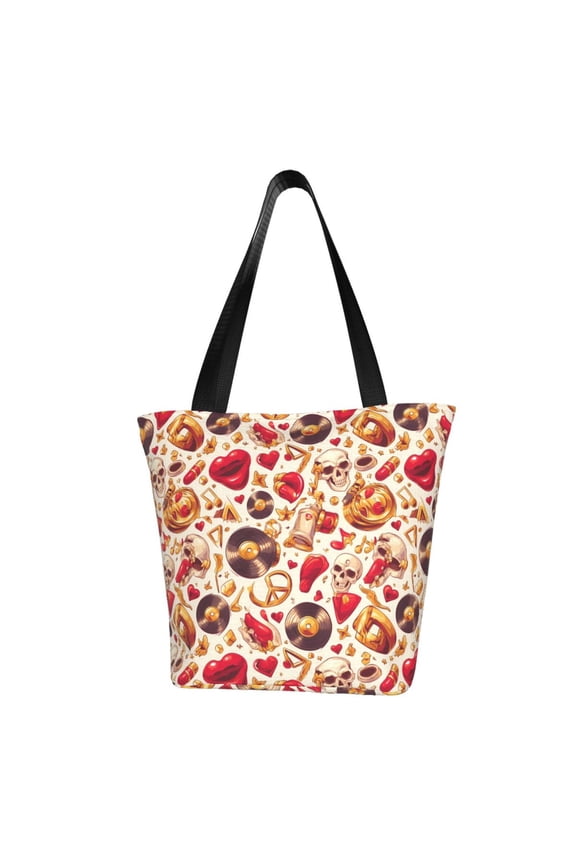Skull Retro record lips for Tote Bag for Women -Tote Shoulder Bag with A Little Pocket Inside, Perfect for Travel and Work.