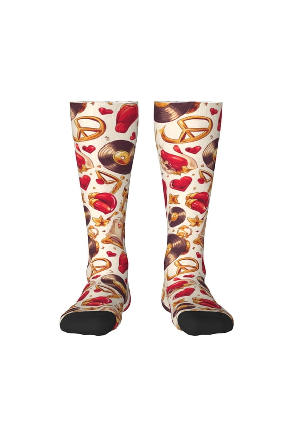 Skull Retro record lips print thigh-high socks, crafted for both men and women with a stretchy, high-opaque design perfect for daily wear