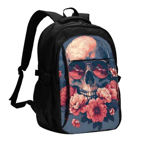 Xecao Skull With Roses And Sunglasses for Travel Laptop Backpack, USB-Charging-Enabled, Spacious Business Backpack for Men and Women,College School Computer Bag
