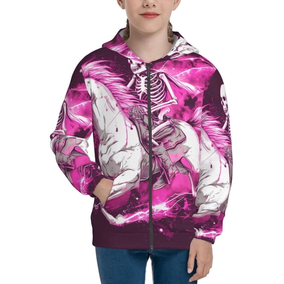 Xecao Skull White Horse Pattern Zip Up Hoodies for Boys Girls, Sweatshirt with Pockets-Small