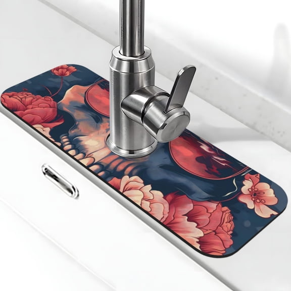 Xecao Skull With Roses And Sunglasses for Kitchen Sink Splash Guard Faucet Mat , Faucet Guard & Draining mat, (15" X 5.5" )