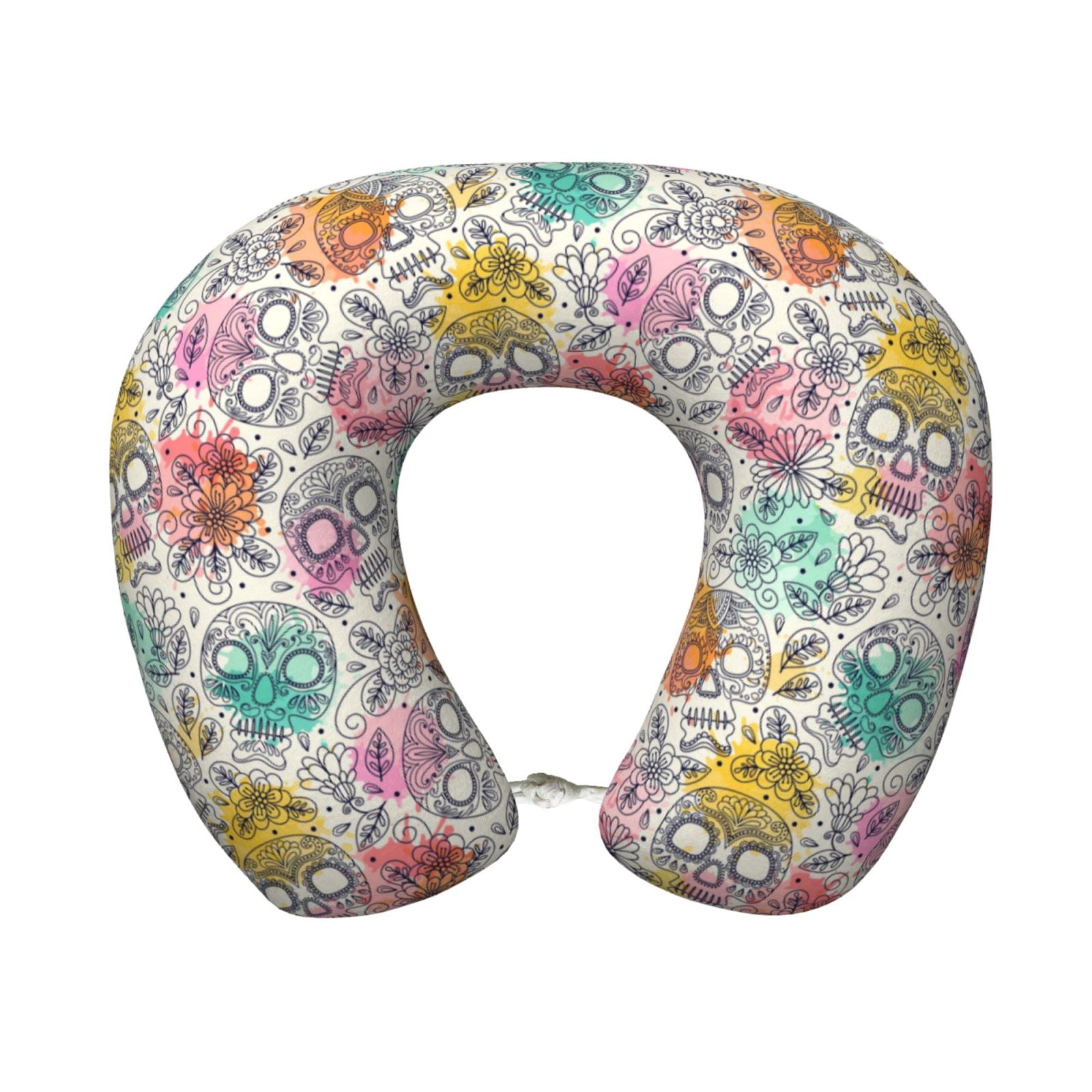 Xecao Skull and Flowers Print Memory Foam Cervical Neck Pillow Versatile U-Shaped Pillows for Home,Office,Camping,Travelling,Soft Washable Cover