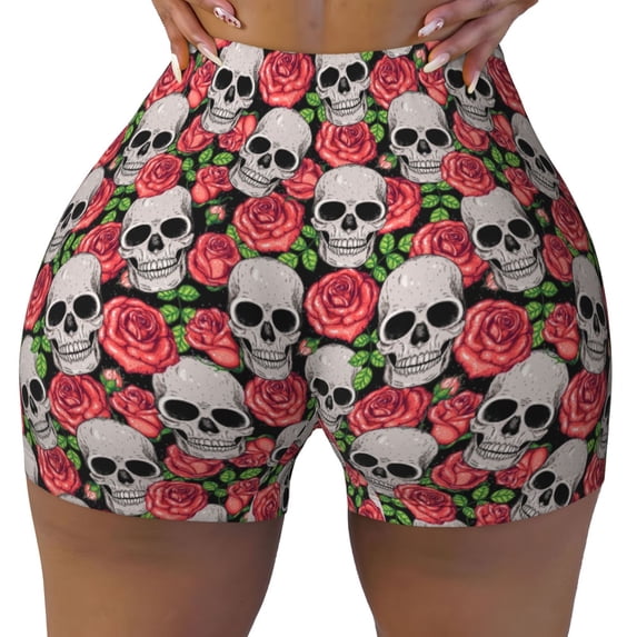 Xecao Skull and Roses Print Workout Shorts for Women Soft Smooth Gym Yoga Scrunch Active Tennis Workout Running Shorts