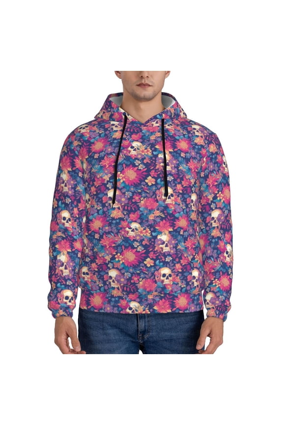 Skull colorful flower daisy Pattern Men's Adult Pullover Hoodie,Hooded Sweatshirt-Large