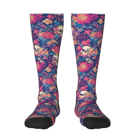 Xecao Skull colorful flower daisy print thigh-high socks, crafted for both men and women with a stretchy, high-opaque design perfect for daily wear