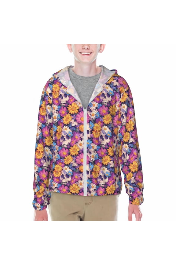 Skull daisy flower Print Fishing Shirts for teenager Long Sleeve UV Sun Protection Hoodie with Zipper Outdoor Hiking Shirts-XX-Large