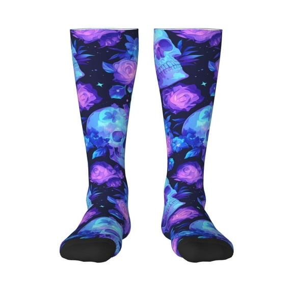 Xecao Skull flower star sky print thigh-high socks, crafted for both men and women with a stretchy, high-opaque design perfect for daily wear