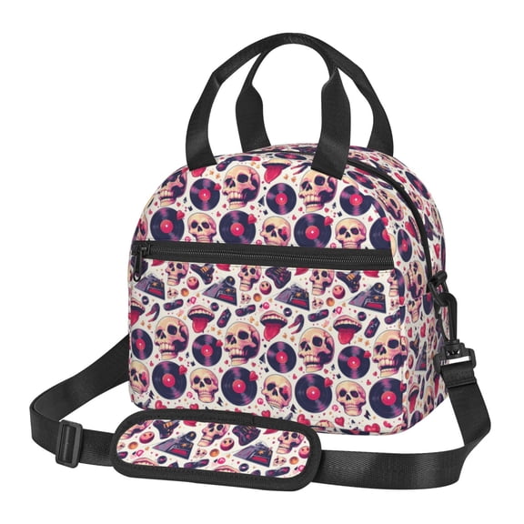 Xecao Skull lips record Guitar Print Insulated Lunch Box, Lunch Cags Lunch Bag Featuring An Adjustable Shoulder Strap