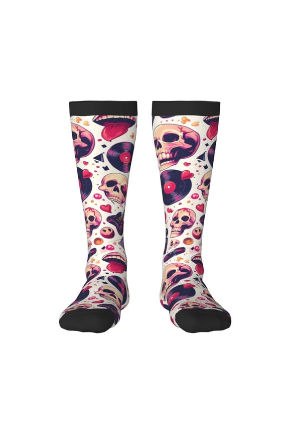 Skull lips record Guitar print thigh-high socks, crafted for both men and women with a stretchy, high-opaque design perfect for daily wear