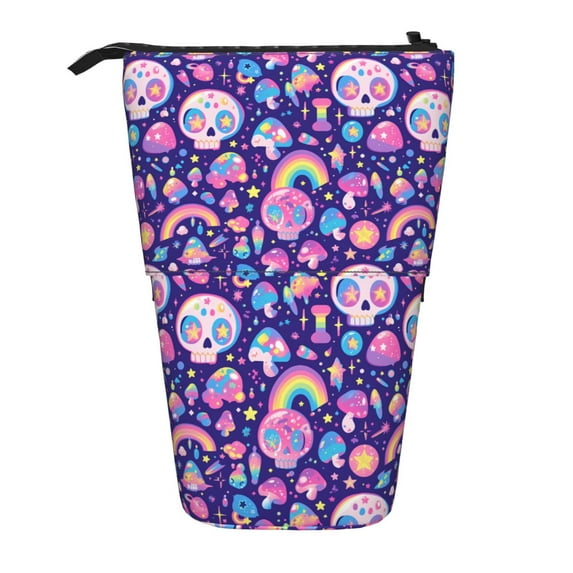 Xecao Skull mushroom rainbow Print Telescopic Pencil Bag Pen Holder Pop Up Stationery Case Stand-up Retractable Transformer Bag Standing Organizer