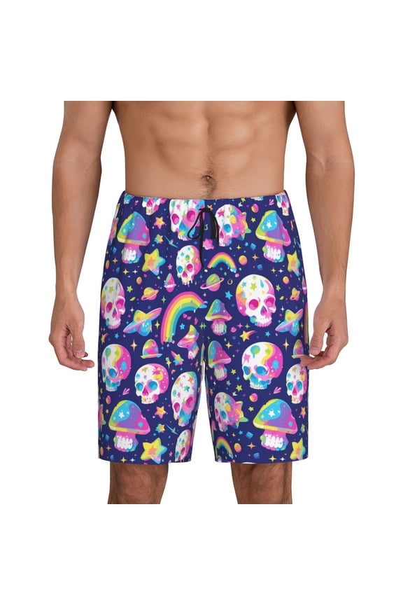 Xecao Skull mushroom rainbow space Print Men's Sleepwear Shorts Pajama Bottom Lounge Short nightwear with Convenient Pockets for Relaxed Home Wear-Small