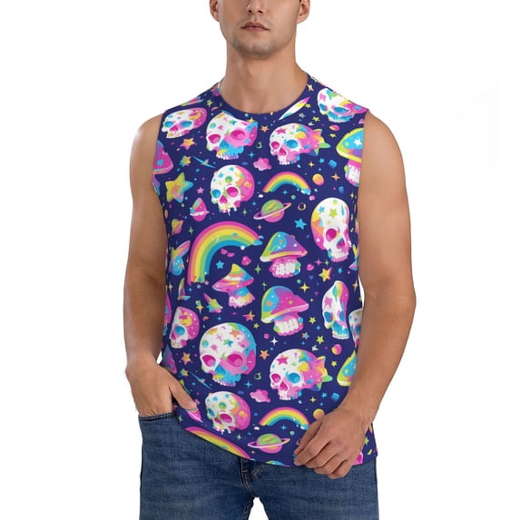 Xecao Skull mushroom rainbow space Print Men's Tank Top: Sleek Sleeveless Tee for Casual Sports and Beach Occasions-XX-Large