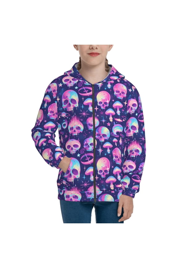Skull rainbow color Pattern Zip Up Hoodies for Boys Girls, Sweatshirt with Pockets-Small