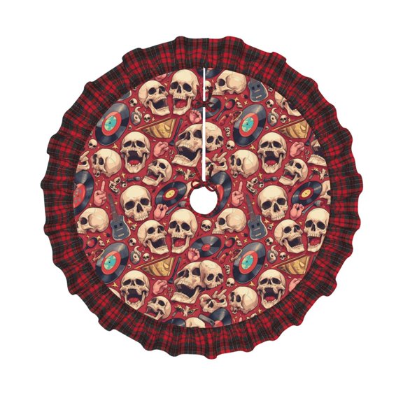Xecao Skull record Guitar music for Christmas Tree Skirt Xmas Tree Mat Floor Decor Round Xmas Tree Skirts for Indoor Outdoor Christmas Tree Decorations -48"