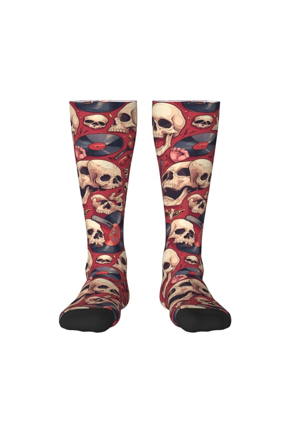 Skull record Guitar music print thigh-high socks, crafted for both men and women with a stretchy, high-opaque design perfect for daily wear