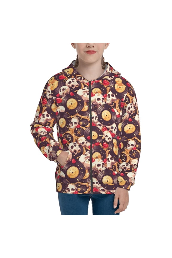 Skull record lips Pattern Zip Up Hoodies for Boys Girls, Sweatshirt with Pockets-Small