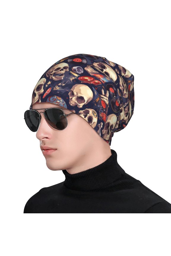 Skull record rock Print Beanie Knitted Hat for Men Women, Winter Fashion Knit Cuffed Caps Unisex
