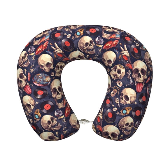 Xecao Skull record rock Print Memory Foam Cervical Neck Pillow Versatile U-Shaped Pillows for Home,Office,Camping,Travelling,Soft Washable Cover